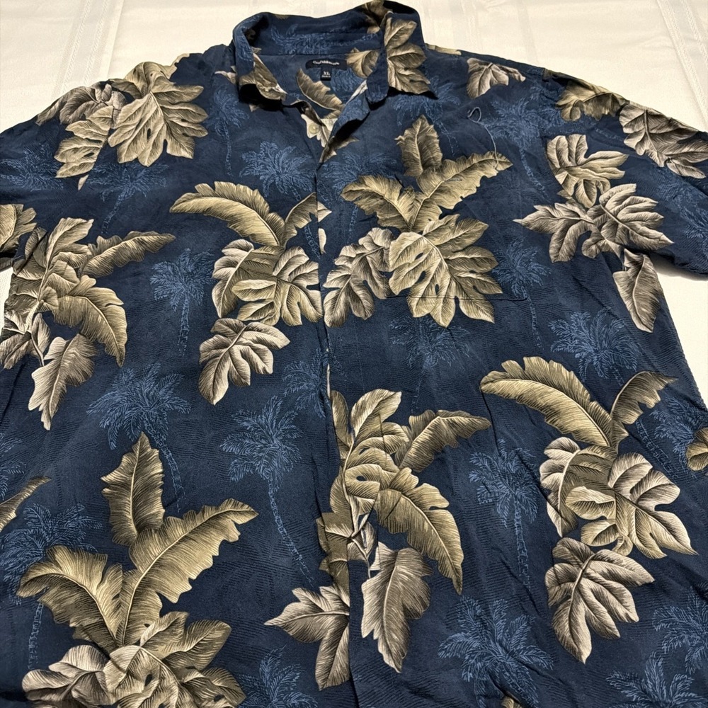 Croft & Barrow Mens XL Navy Blue Tropical Palm Leaf Rayon Aloha Camp Shirt